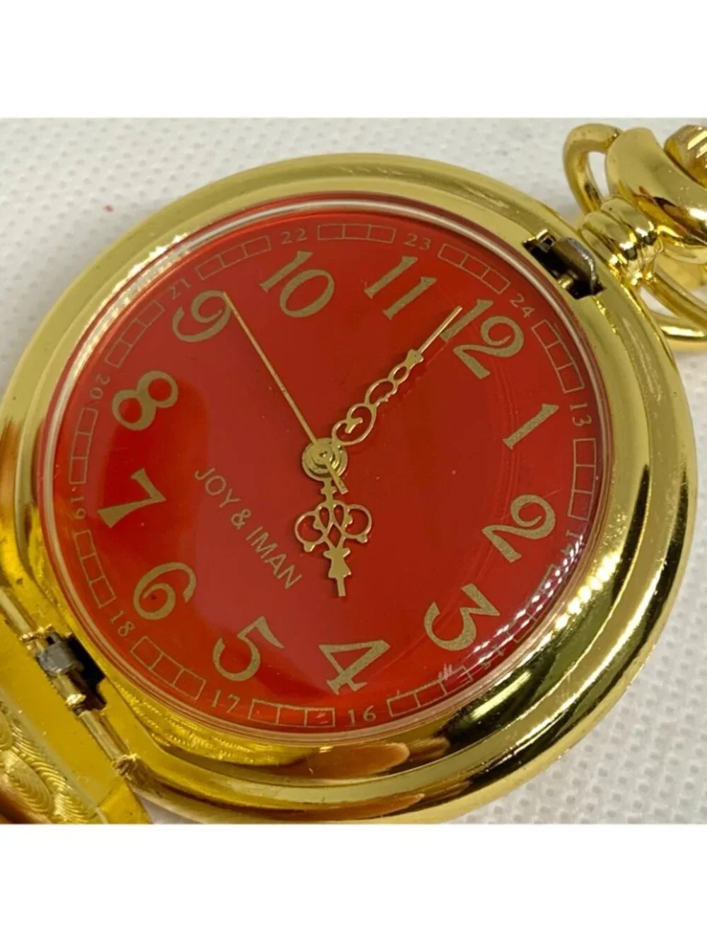 joy & iman Pocket Watch Quartz Clip On Purse Fob Gold Tone red dial running